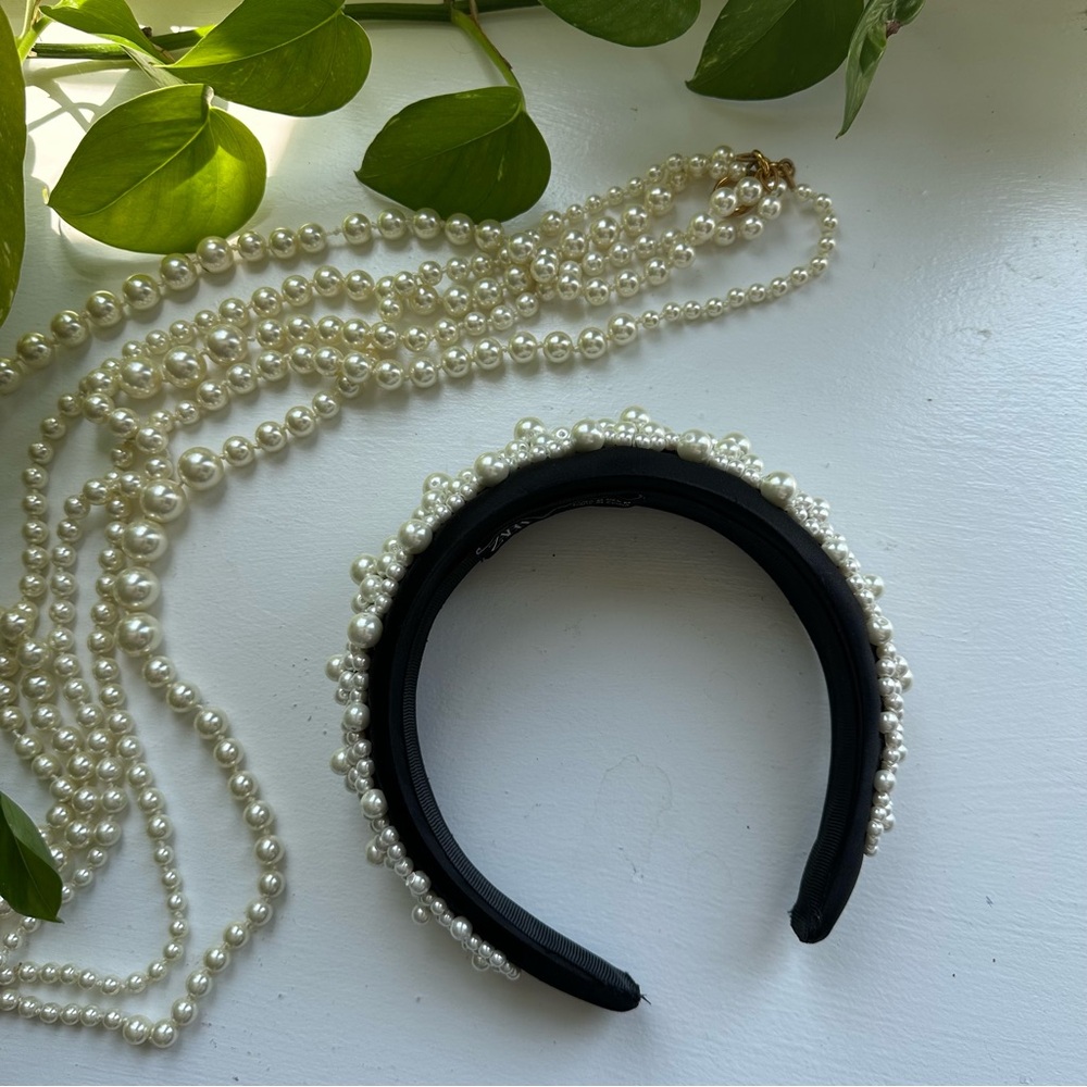 NWOT Zara Black Satin and Pearl Headband